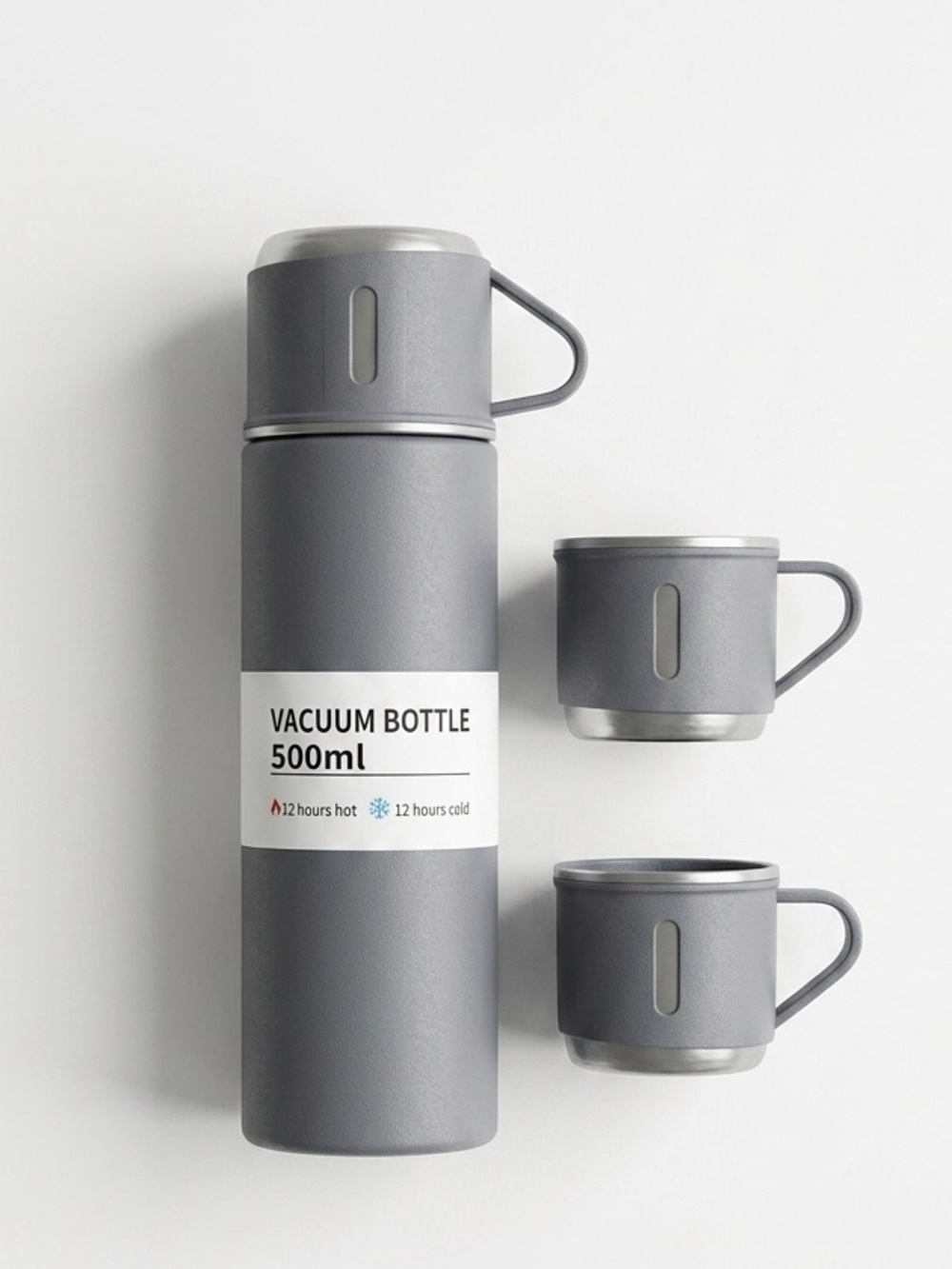 Gray Vacuum Bottle Flask Set with Cups